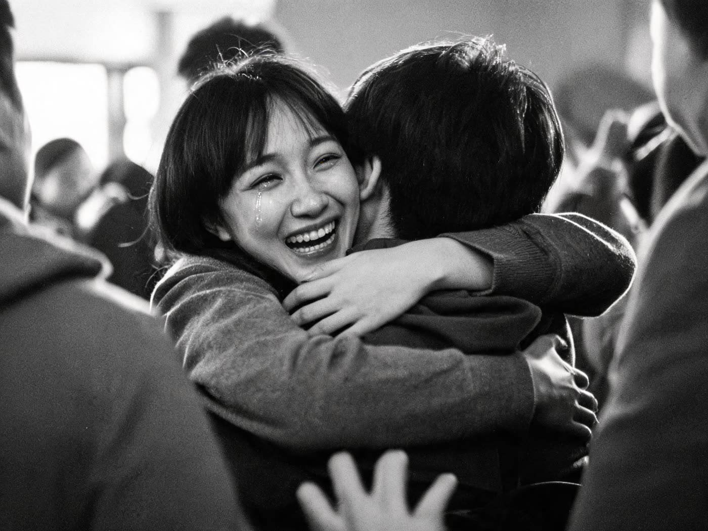 Two people embracing after a community gathering, one laughing through tears